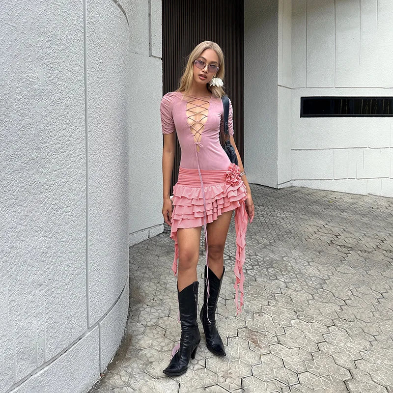 Bonnyshow Summer Y2K Women's Hot Girl Personalized Design Deep V Lace Irregular Versatile Dress Elegant Sexy Party Club Outfit Bonnyshow Summer Y2K Women's Hot Girl Personalized Design Deep V Lace Irregular Versatile Dress Elegant Sexy Party Club Outfit
