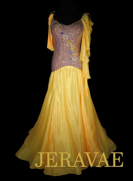 Golden Yellow and Nude Standard Ballroom Dress with Yellow Accents and Solid Swarovski Stones Size M Smo205 Golden Yellow and Nude Standard Ballroom Dress with Yellow Accents and Solid Swarovski Stones Size M Smo205