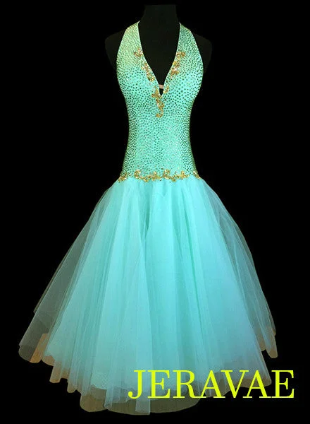 Mint Green Smooth or Standard Ballroom Dress with Gold Accents. Covered in Swarovski Stones Smo038 Sz S/M Mint Green Smooth or Standard Ballroom Dress with Gold Accents. Covered in Swarovski Stones Smo038 Sz S/M