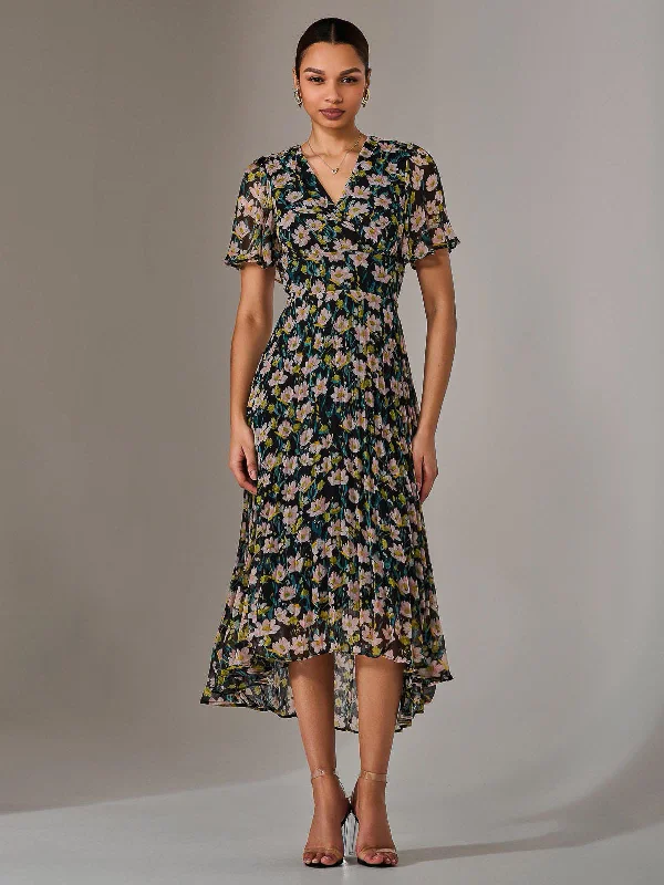 Charlotte Pleated Chiffon Midaxi Dress, Black Floral