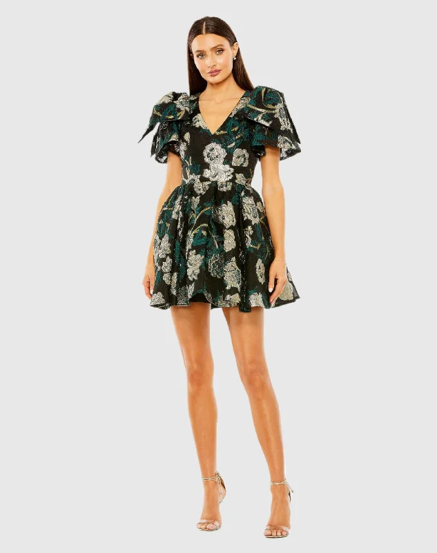 Bow Shoulder Brocade V-Neck Mini Dress with Pockets Chic Puff Sleeve Mini Dress