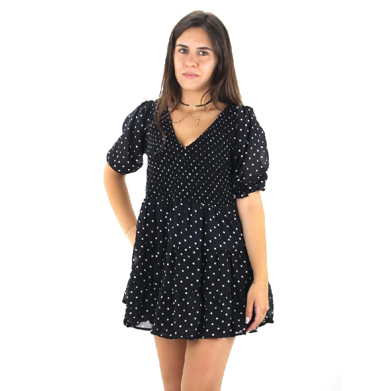 Women's Polka Dots Ruffle Mini Dress,Black Stylish Sweetheart Mini Dress