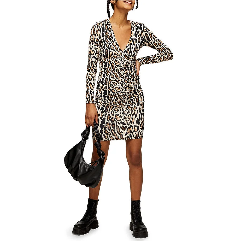 Women's Leopard Ruched Mini Dress,Multi Stylish Ruffle Mini Dress