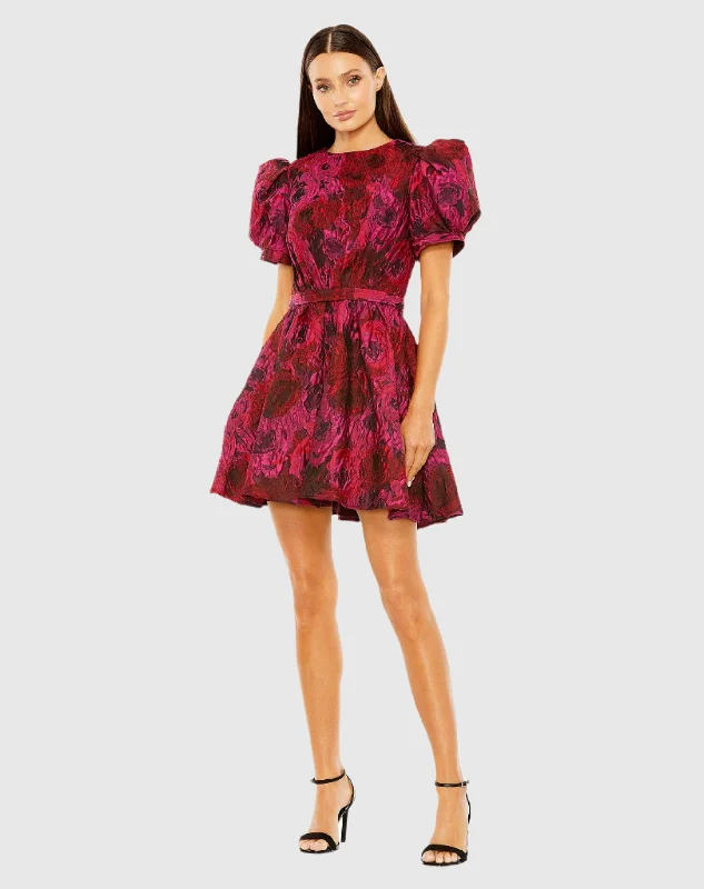 Puff Sleeve Brocade Mini Dress Cozy Knit Mini Dress