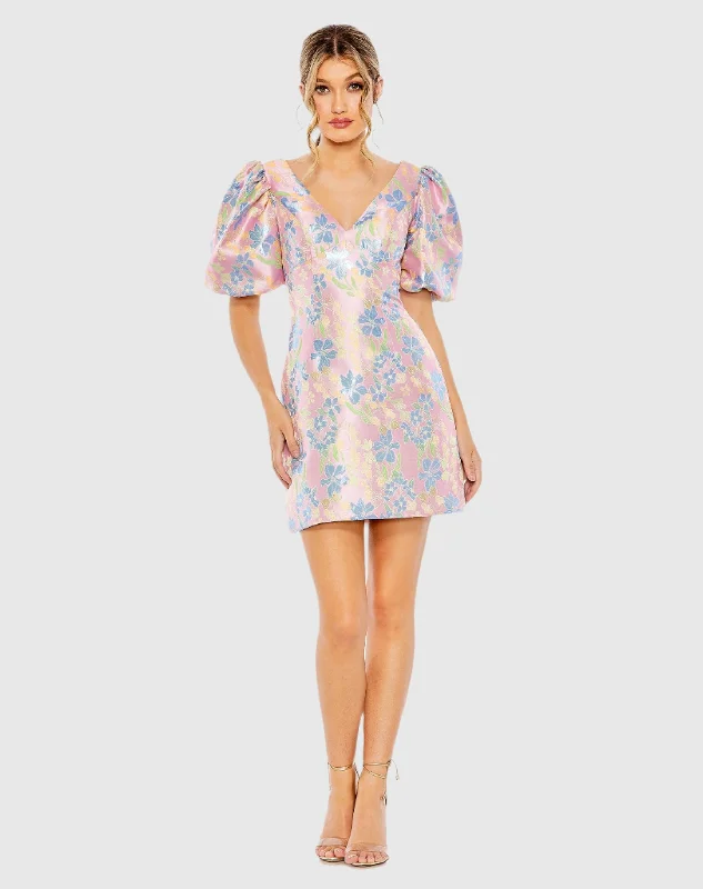 Floral Puff Shoulder Brocade Mini Dress Casual V-Neck Mini Dress