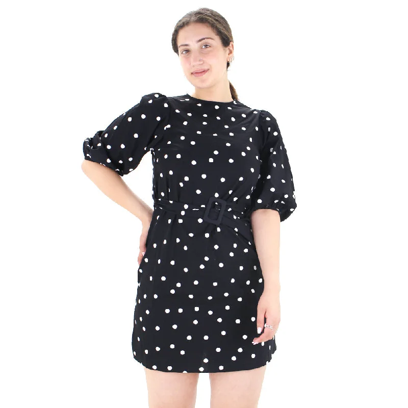 Women's Belted Polka Dots Mini Dress,Black Fashionable Lace-Trim Mini Dress