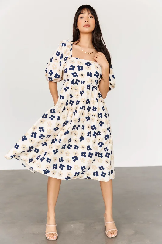 Aimee Puff Sleeve Midi Dress | Natural + Navy Trendy Off-Shoulder Button Midi Dress