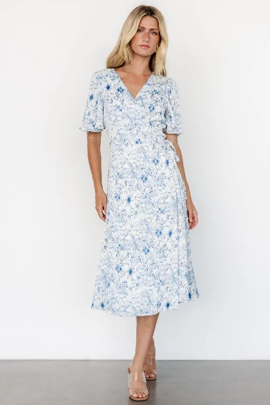 Amelie Wrap Midi Dress | Blue Print Stylish Midi Dress with Cuffs