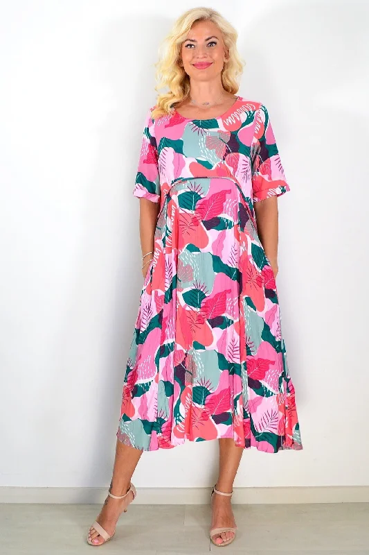 Aqua Pink Botanical Tunic Midi Dress Stylish Vintage Midi Dress