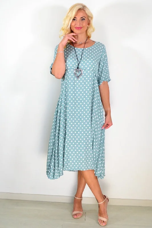 Aqua White Dots Tunic Midi Dress Chic Floral Print Midi Dress