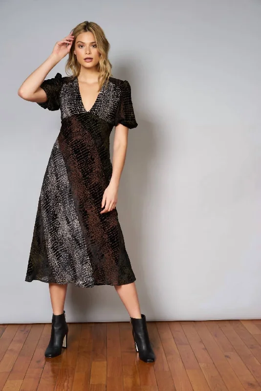 Arrie Midi Dress In Black/Brown Print Elegant Lace Trim Midi Dress