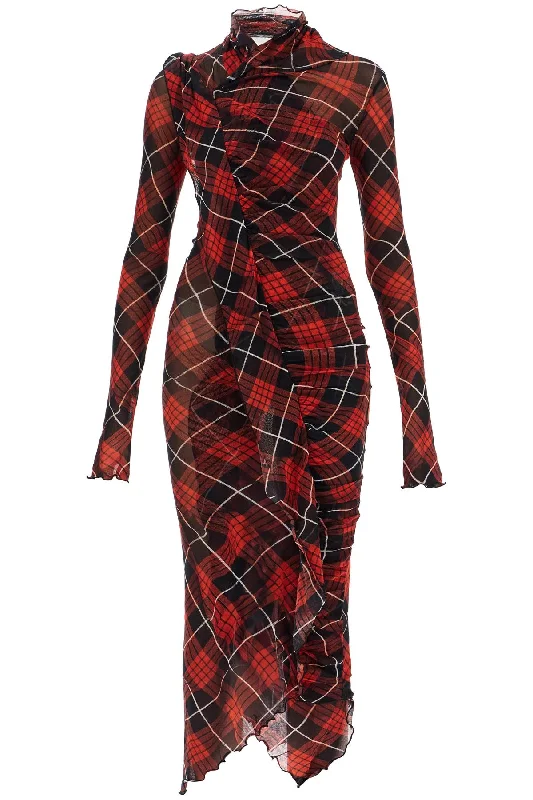 asymmetric tulle midi dress in RO230 T568 RED/BLACK/WHITE Fashionable Plaid Midi Dress