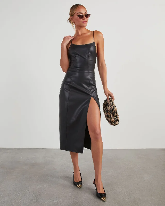 Aziza Faux Leather Sleeveless Midi Dress Fashionable Off-Shoulder Dress Midi