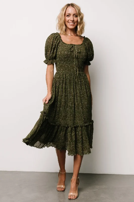 Beatrice Smocked Midi Dress | Olive Floral Fashionable Off-Shoulder Dress Midi