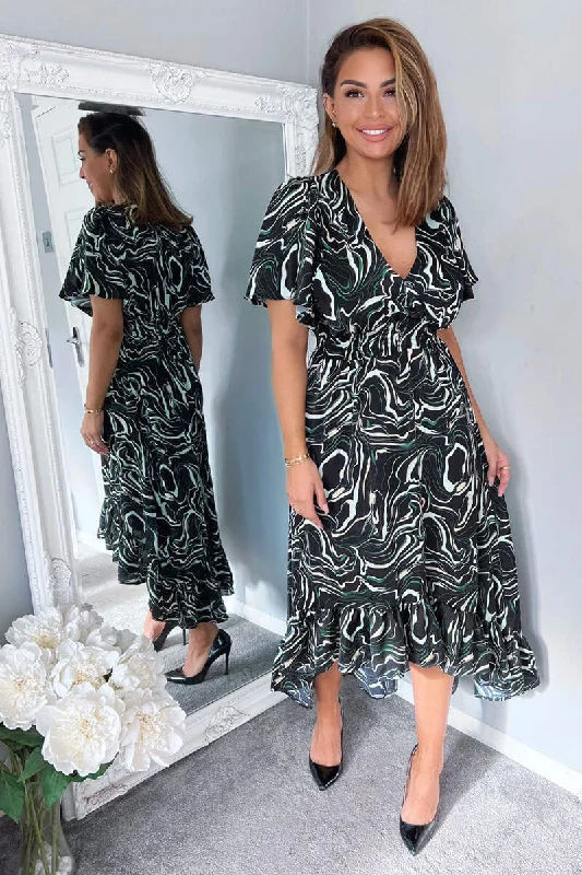 Black And Green Marble Print Dip Hem Midi Dress Comfortable Stretch Midi Dress