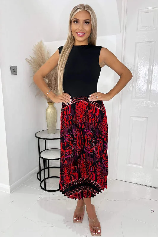 Black And Red Printed 2 in 1 Pleated Skirt Midi Dress Trendy Smocked Detail Midi Dress