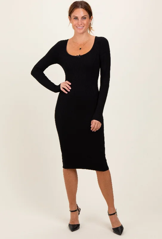 Black Bow Trim Neckline Long Sleeve Midi Dress Stylish Button-Down Midi Dress