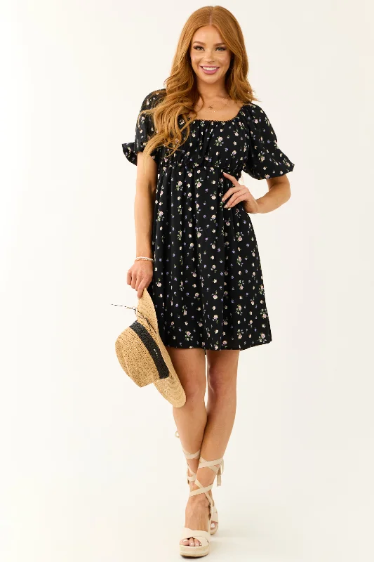 Black Floral Print Back Cut Out Mini Dress Cozy A-Line Mini Dress