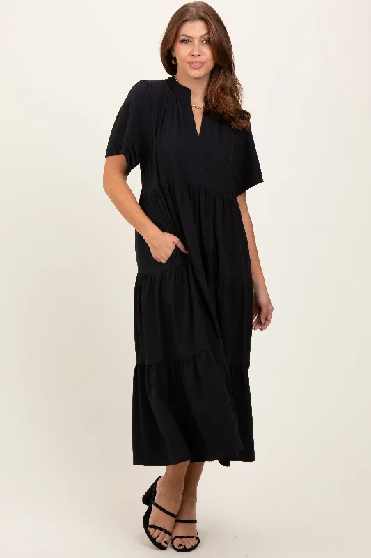 Black V-Neck Tiered Midi Dress Fashionable Shift Midi Dress