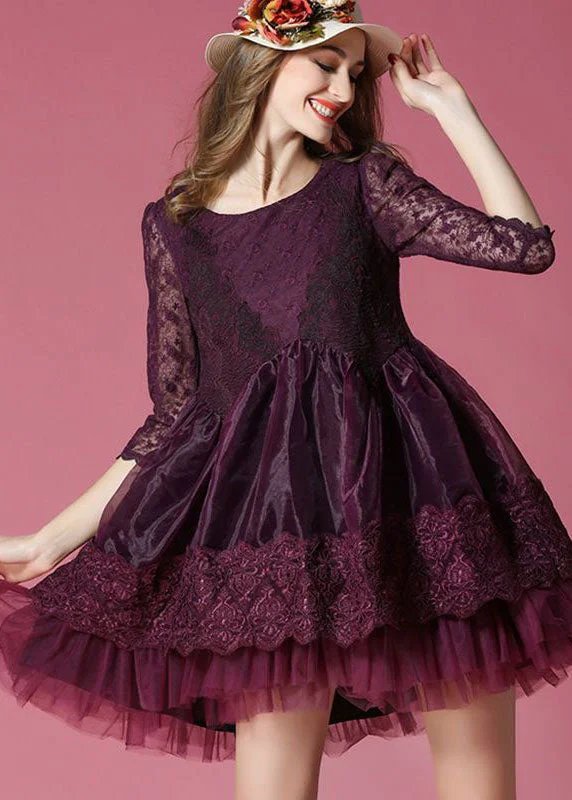 Boho Dark Purple Embroideried Lace Patchwork Organza Mini Dresses Summer Comfortable Boho Mini Dress