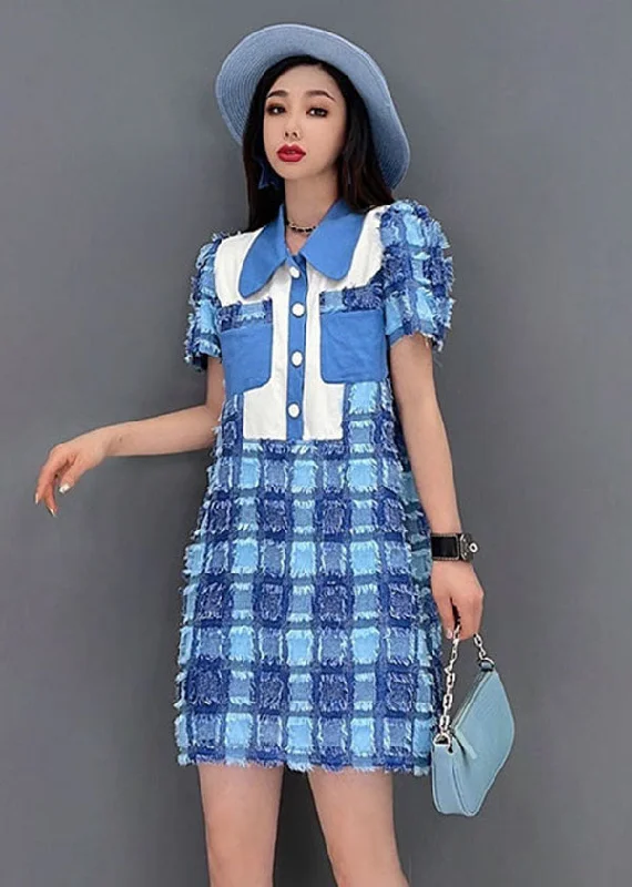 Boutique Blue Peter Pan Collar Button Plaid Cotton Mini Dresses Short Sleeve Casual Mini Dress with Pockets