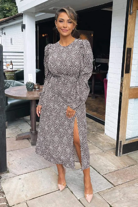 Brown Printed Long Sleeve Split Leg Midi Dress Stylish Off-Shoulder Ruffle Dress