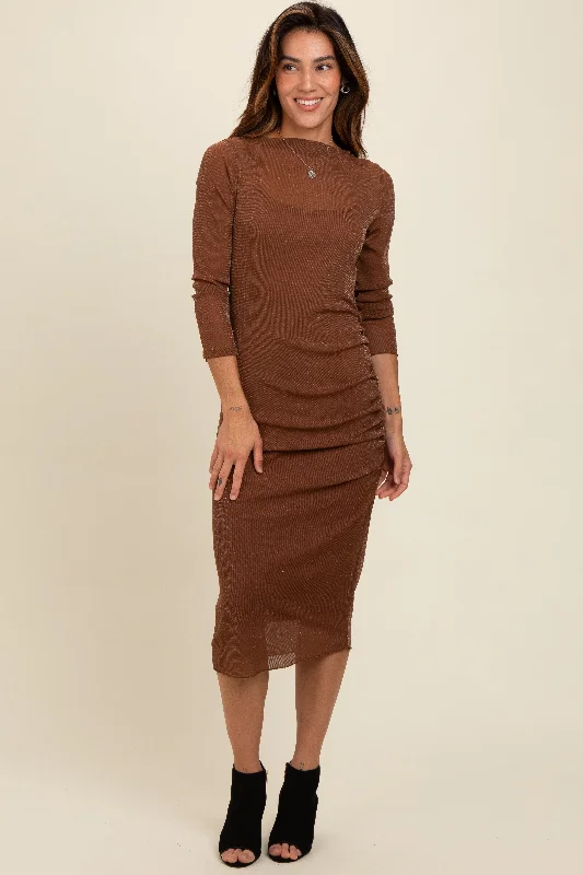 Brown Shimmer Mesh Long Sleeve Ruched Midi Dress Elegant Floral Appliqué Midi Dress