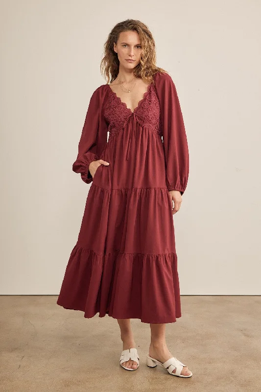 Burgundy Contrast Lace Bodice Tiered Midi Dress Comfortable Fit-and-Flare Midi Dress