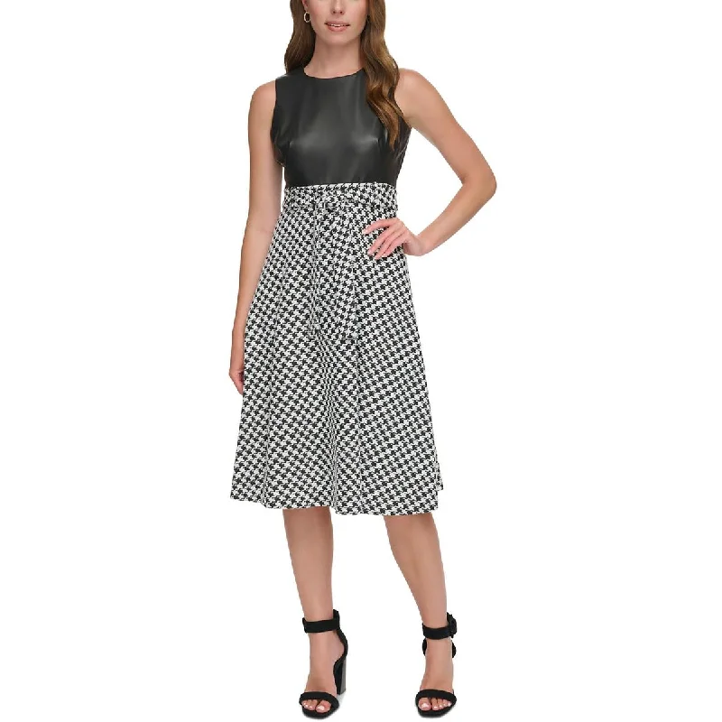 Calvin Klein Womens Petites Faux Leather Houndstooth Midi Dress Trendy Off-Shoulder Button Midi Dress