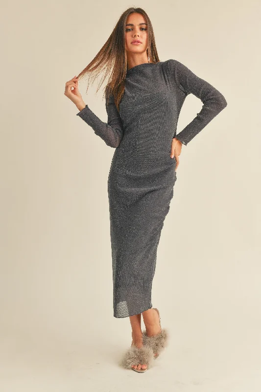 Charcoal Shimmer Mesh Long Sleeve Ruched  Midi Dress Cozy Ribbed Knit Midi Dress