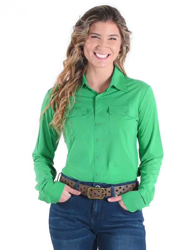 Cowgirl Tuff Womens Cooling UPF Button Up Money Green Nylon L/S Shirt Fashionable Tied Short Sleeve