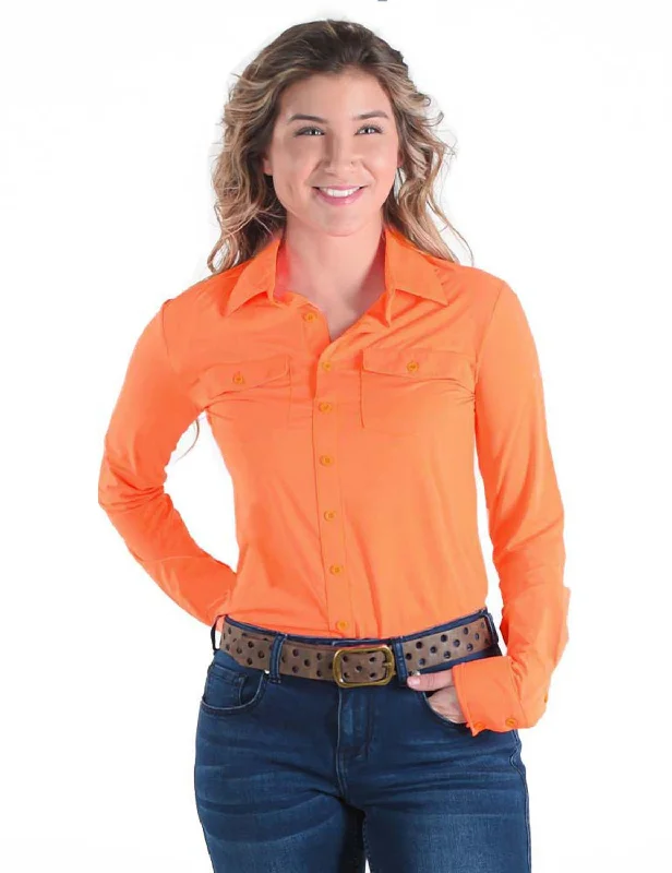 Cowgirl Tuff Womens Cooling UPF Button Up Tangerine Nylon L/S Shirt Classic Short Sleeve Blouse