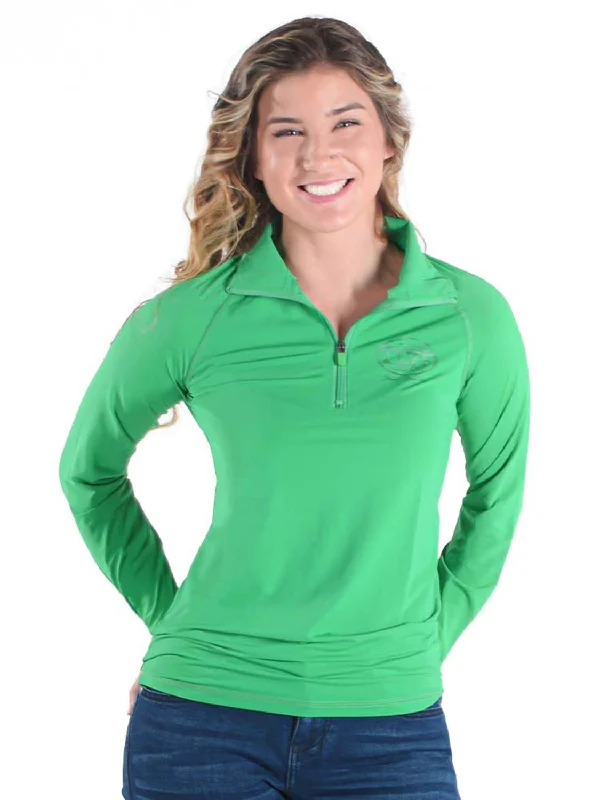 Cowgirl Tuff Womens Cooling UPF Money Green Nylon L/S Shirt Elegant Longline Short Shirt