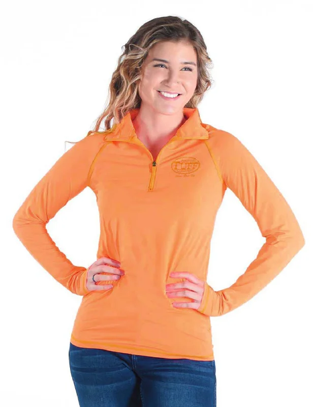 Cowgirl Tuff Womens Cooling UPF Tangerine Nylon L/S Shirt Fashionable Tied Short Sleeve