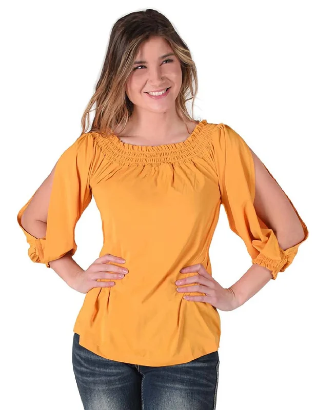 Cowgirl Tuff Womens Flowy Cooling UPF Gold Nylon L/S Shirt Fashionable Draped Short Sleeve