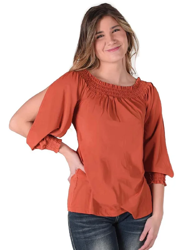 Cowgirl Tuff Womens Flowy Cooling UPF Rust Nylon L/S Shirt Elegant Lace-Trimmed Short Shirt