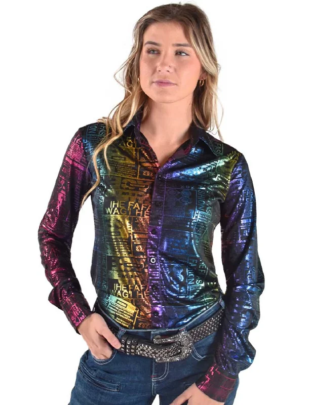 Cowgirl Tuff Womens Mid-Weight Foil Multi-Color Polyester L/S Shirt Stylish Round Neck Shirt