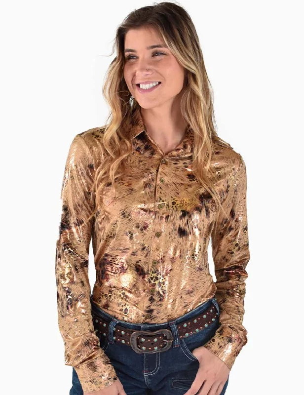 Cowgirl Tuff Womens Mid-Weight Leopard Tan Polyester L/S Shirt Relaxed Cotton Short Shirt