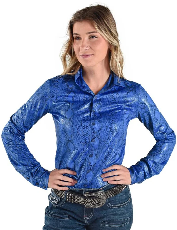 Cowgirl Tuff Womens Mid-Weight Snake Blue Polyester L/S Shirt Elegant Draped Short Shirt