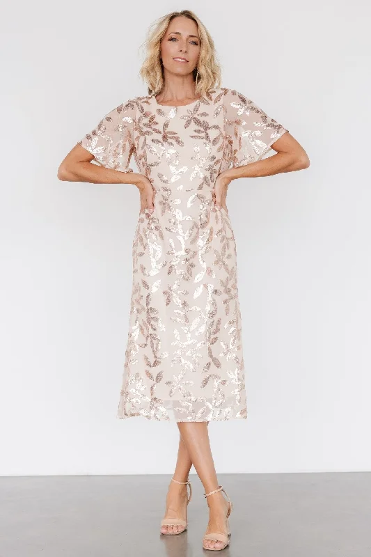 Deanna Sequin Midi Dress | Rose Gold Trendy Off-Shoulder Ruffle Midi Dress