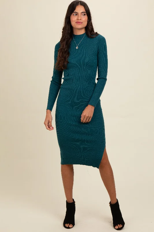 Deep Teal Ribbed Fitted Mock Neck Long Sleeve Midi Dress Comfortable Empire Waist Midi Dress