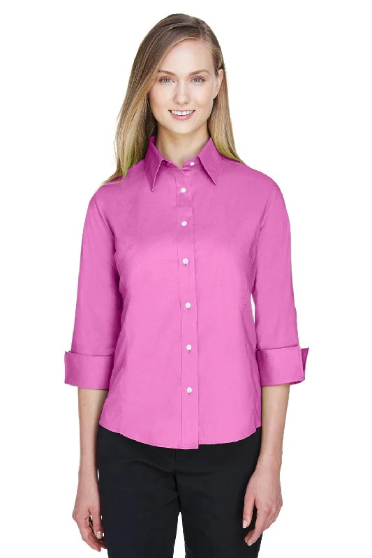 Devon & Jones Womens Perfect Fit 3/4 Sleeve Button Down Shirt - Charity Pink - Closeout Fashionable Sheer Short Shirt