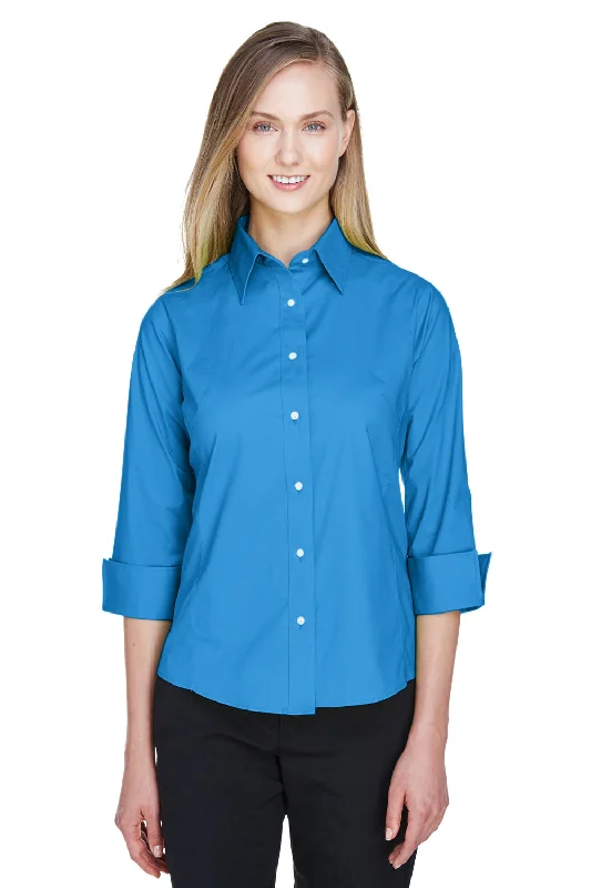 Devon & Jones Womens Perfect Fit 3/4 Sleeve Button Down Shirt - French Blue Comfortable Fit Short Shirt