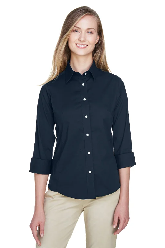 Devon & Jones Womens Perfect Fit 3/4 Sleeve Button Down Shirt - Navy Blue Stylish Printed Short Shirt