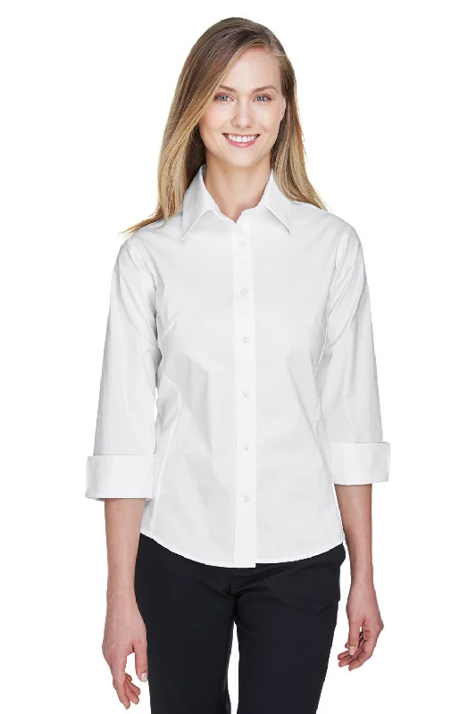 Devon & Jones Womens Perfect Fit 3/4 Sleeve Button Down Shirt - White Trendy Short Sleeve Tunic