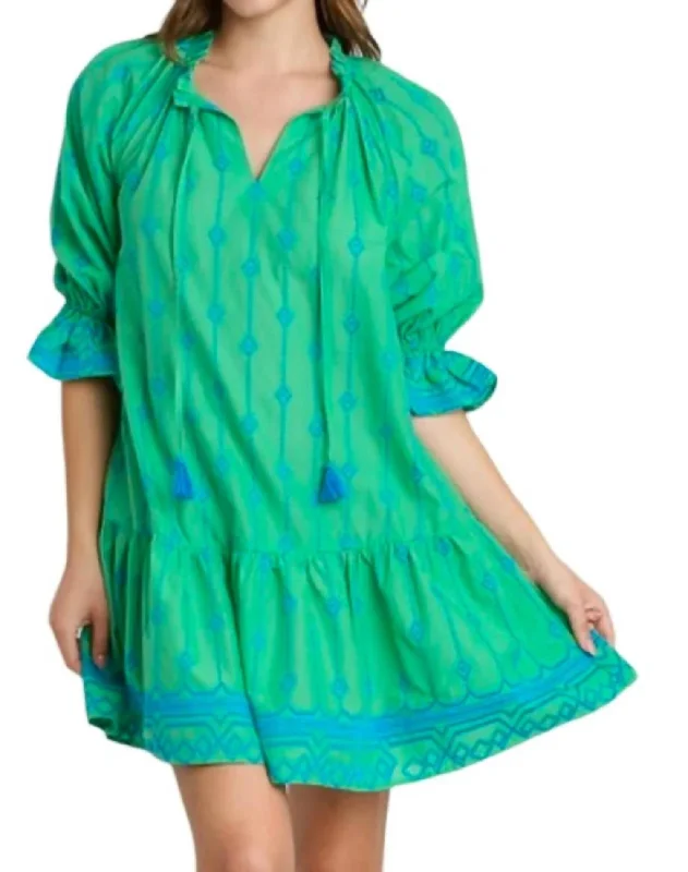 Embroidery Mini Dress In Green/blue Comfortable One-Shoulder Mini Dress