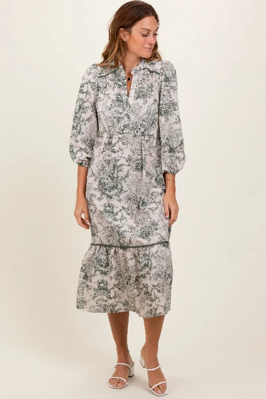 Forest Green Printed Split Ruffle Collar Midi Dress Cozy A-Line Midi Dress