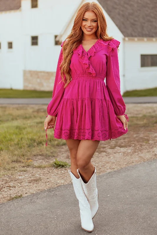 Fuchsia Long Sleeve Eyelet Detail Mini Dress Casual High-Waist Mini Dress