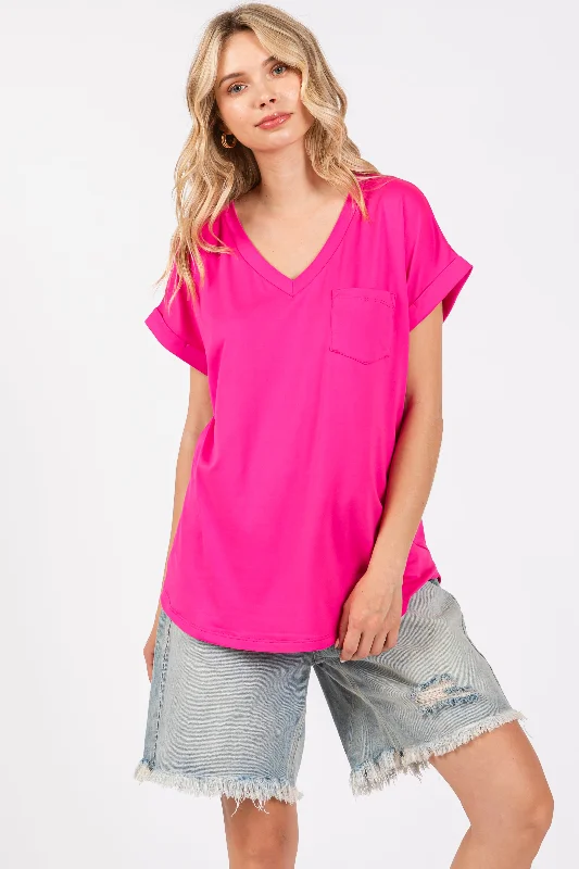 Fuchsia V-Neck Pocket Short Sleeve Shirt Elegant Draped Short Shirt