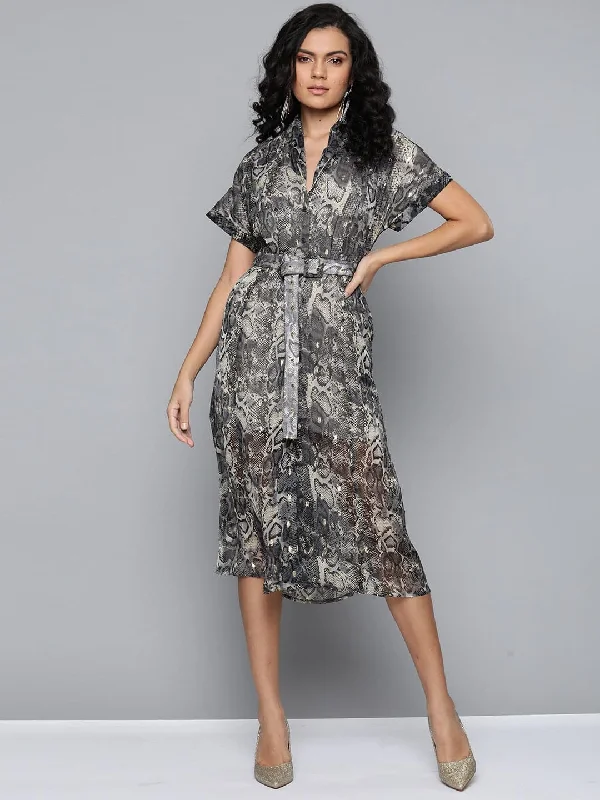 Grey Animal Lurex Print Front Open Midi Dress Comfortable Casual Midi Dress